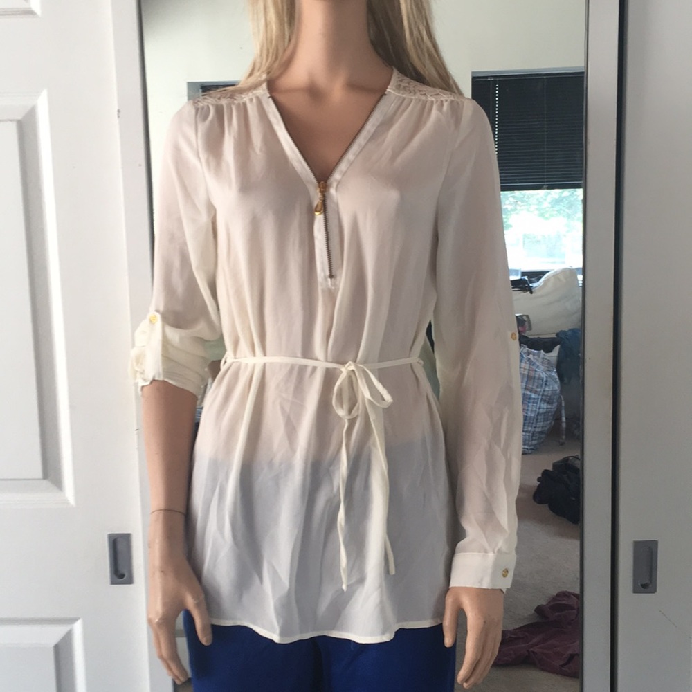 Pretty Cream Slightly Sheer Blouse W/Lace Accent